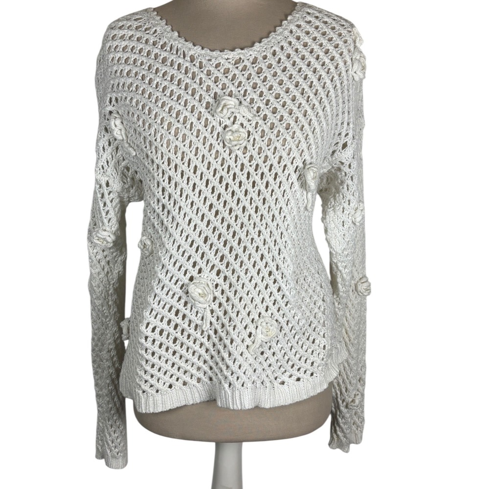 Vintage Sugar Co Ltd White Crochet Open Knit Sweater 3D Floral Ramie Cotton Sz S
